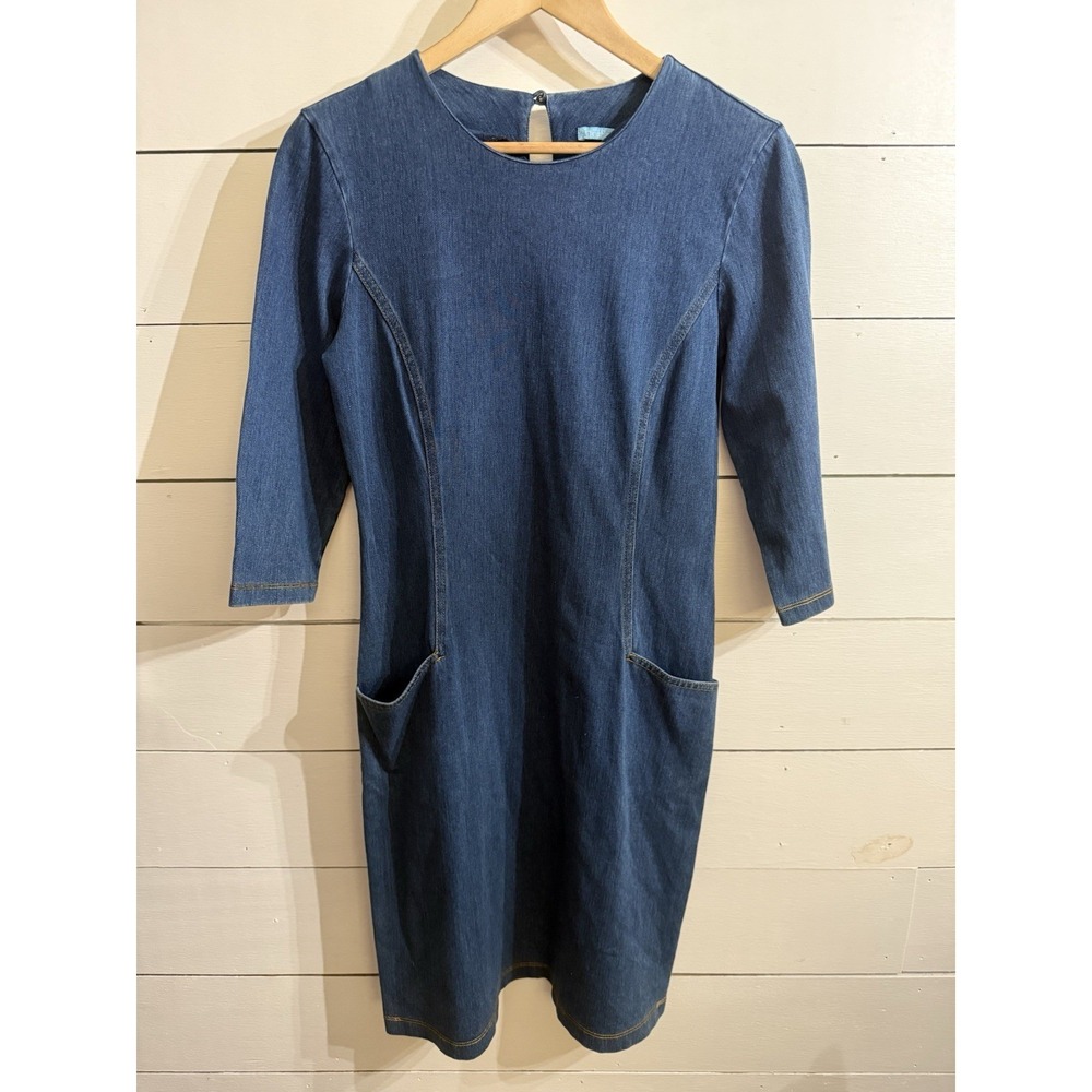J MCLAUGHLIN CATALYST Women Sz Medium Dark Denim Pocket 3/4 Sleeve Stretch Dress